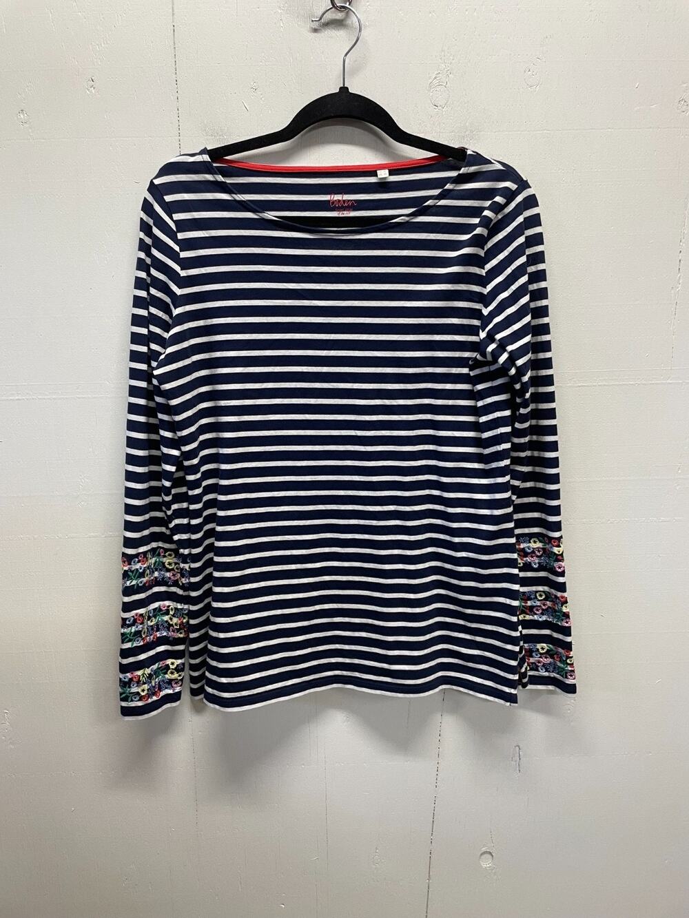 Boden Breton Stripe Long Sleeve Shirt Size 10 Embroidered Flowers on the Sleeves